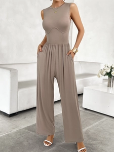 Elegant khaki sleeveless wide leg jumpsuit with belted waist and side pockets for women