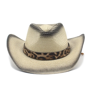 Gradient straw cowboy hat with leopard print band for outdoor hiking and sun protection