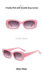 Detail view of pink rectangular sunglasses with gradient lenses and textured temples