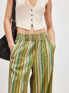 Pantalon large à taille haute avec rayures verticales vertes, jaunes et marron et élastique