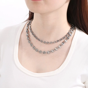 Collier double couche en acier inoxydable argenté avec maillons grains de café hip hop