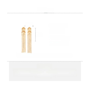 Detailed specs of golden tassel arrow earrings showing material, size, and weight data