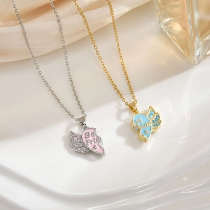 Best Friends heart puzzle necklace set with wings and colorful enamel pendants