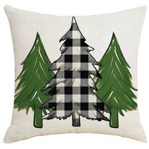 Linen Christmas pillowcase with three festive trees and green buffalo plaid design