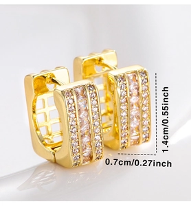 Detail view of gold square hoop earrings with micro-set zircons and 1.4cm height dimensions