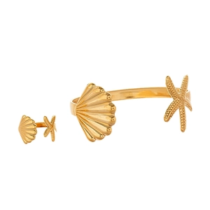 Golden stainless steel seashell and starfish open bangle and ring jewelry set for women