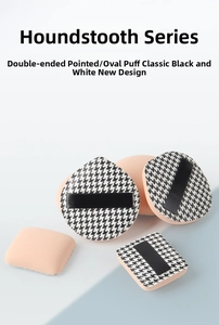 Detailed view of houndstooth makeup puffs in teardrop and oval shapes for smooth foundation