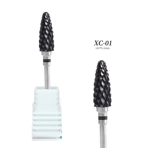 Macro view of XC-01 black ceramic nail drill bit showing 14.9x6.1mm size and fine texture