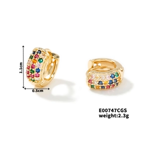 Detail view of gold C-shape earrings with colorful cubic zirconia and size specs