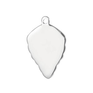 Close-up of polished stainless steel leaf pendant with silver mirror finish and top loop