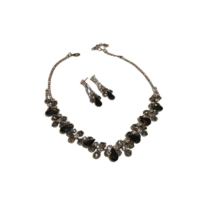 Elegant silver-tone water drop jewelry set with black gemstones and clear crystals
