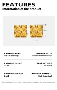 Detail showing dimensions and specifications of gold square striped stainless steel earrings