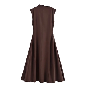 Elegante Mouwloze Midi Jurk voor Dames Asymmetrische Hals Metalen Gesp Effen Kleur Franse Stijl Jurk
