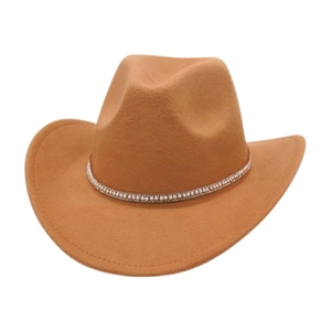 Detail of camel wool fedora hat featuring elegant white pearl and rhinestone hat band decoration