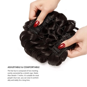Detail of adjustable synthetic hair bun with insert combs and elastic cord structure