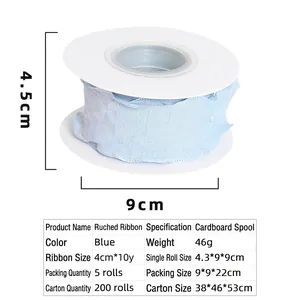 Detail of light blue linen ruffle ribbon on a spool showing wavy edges and textures