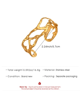 Detailed view of hollow gold stainless steel bangle with dimensions and weight specs