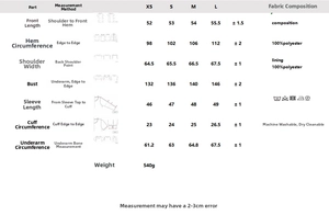 Detailed size chart for casual bomber jacket with measurements for XS to L in centimeters