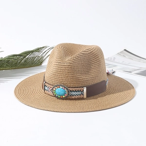 Cappello Panama in paglia bohémien con fascia di perline turchesi per lo stile mare