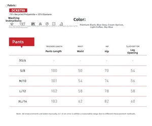 Size chart and fabric details for eco-friendly high waist flared yoga pants with measurements