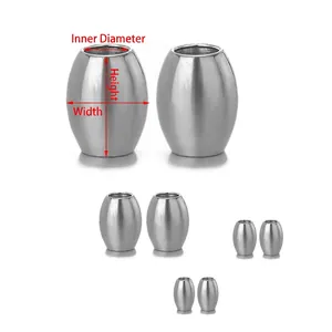Macro detail of oval stainless steel beads with size measurements and hole diameter dimensions