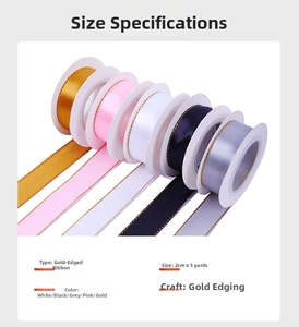 Detail view of 2cm gold-edged satin ribbons in five colors for gift wrapping