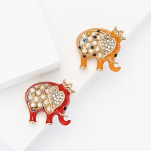 Elephant Enamel Brooch Alloy Rhinestone Faux Artificial Pearl Crown Animal Pins Fashion Corsage Jewelry For Women