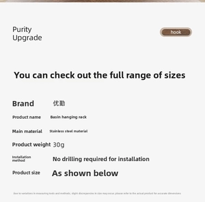 Detail view of stainless steel washbasin hook specifications and punch-free installation
