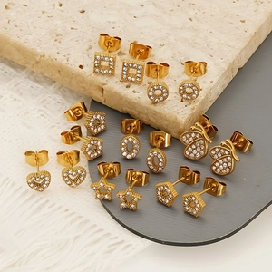 Elegant gold zircon stud earring set with heart star and butterfly shapes for women