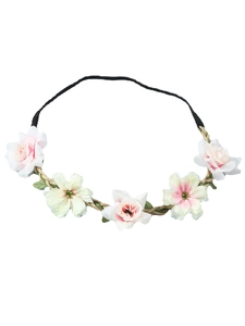 Floral girls headband with five hand-woven cream and pink flowers on a brown braided cord