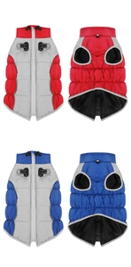 Detail of waterproof dog winter vest with zipper closure, high collar and D-ring harness