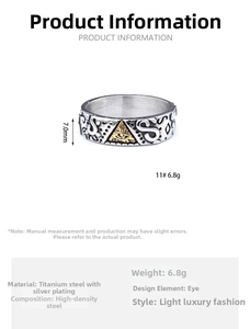 Detailed view of bicolor Eye of Horus ring with dimensions 7mm height and 6.8g weight