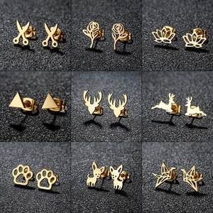 Niche Minimalist Stainless Steel Stud Earrings For Women Origami Crane Reindeer Rose Scissors Geometric Animal Fashion Jewelry
