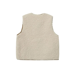 Fleece sleeveless vest with bow ties and brown piping in off-white shown from the back