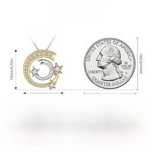Size chart showing dimensions for S925 sterling silver moon and star necklace with coin scale