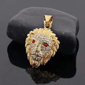 Lion Head Pendant Necklace Gold Plated Stainless Steel Iced Out Rhinestone Punk Hip Hop Style Jewelry For Men