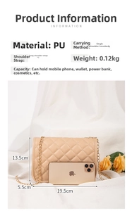 Detail view of beige quilted chain bag measuring 19.5x13.5x5.5cm with gold strap
