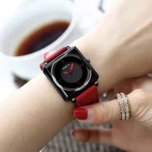 Vintage women's square quartz watch with dark red leather strap and black metal case