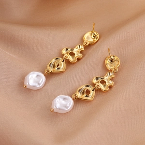 French Vintage Irregular Water Ripple Artificial Baroque Pearl Drop Earrings Copper Plated Gold For Women
