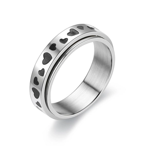 Silver stainless steel spinner ring with black heart motifs for anxiety relief