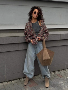 Vintage red and green plaid shirt with long sleeves and lapel collar for women