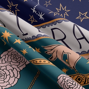 Macro shot of high-density zodiac tapestry fabric with floral patterns and twill texture