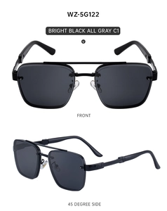 Front and side view of premium retro square metal sunglasses with bright black frames