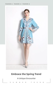 Close-up of vintage floral V-neck dress with long sleeves and matching buckled waist belt