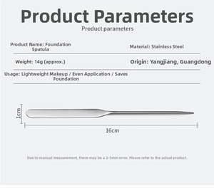 Macro detail of a 16cm stainless steel makeup spatula showing precise dimensions and weight