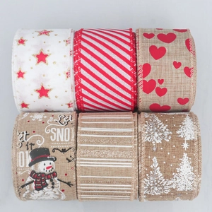 Collection of festive wired ribbons featuring snowmen and stars in 2x3 grid display