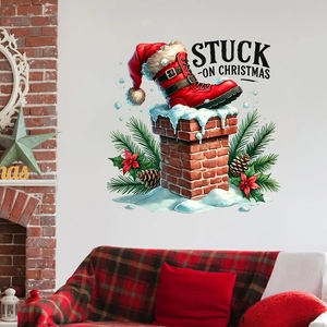 Christmas boots and chimney wall decals with pine needles for holiday home decoration