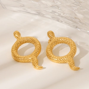 18K gold plated stainless steel snake hoop earrings with detailed scale texture