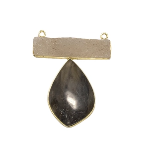 Pendente rettangolare a due strati in labradorite e agata druzy placcato oro 14K