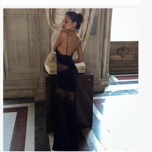 Elegant black lace-spliced floor-length slip dress for women evening gala wear